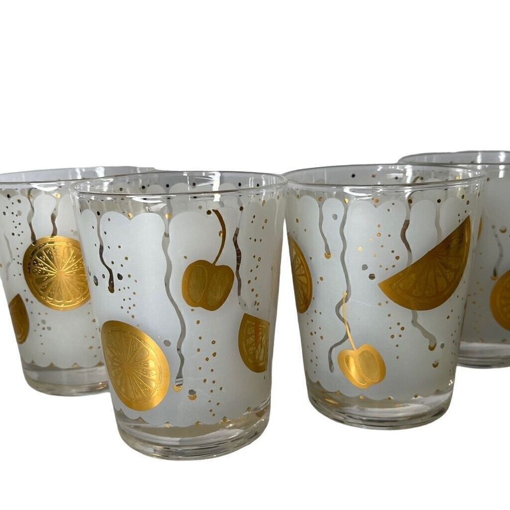 Rare! Vintage Federal Tom Collins Low Ball 22k Fruit Frosted Glasses- Set of 4